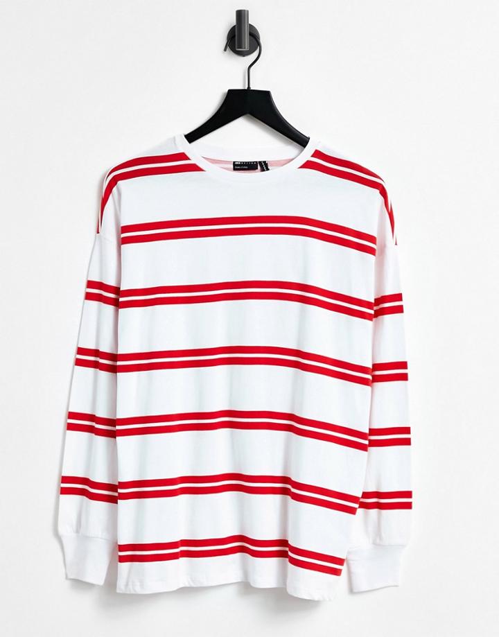 Asos Design Long Sleeve T-shirt With Cuff And Double Stripe In White-multi