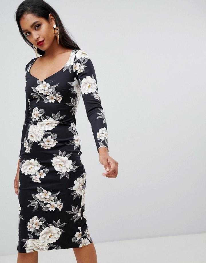 Asos Midi Pencil Dress With Sweetheart Neck In Floral Print-multi