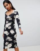 Asos Midi Pencil Dress With Sweetheart Neck In Floral Print-multi