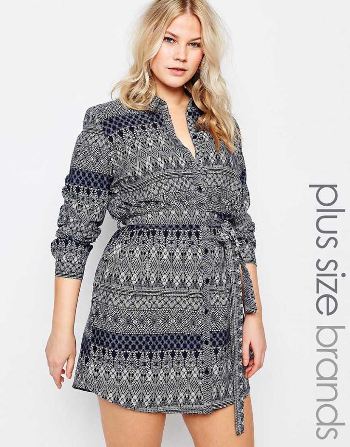 Ax Paris Plus Shirt Dress In Geo Print - Blue Mix