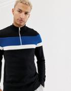 Bershka Color Block Sweater With Funnel Neck And Half Zip In Black - Black