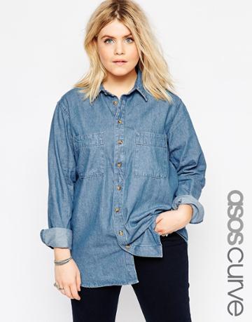 Asos Curve Denim Shirt In Marlin Retro Blue - Blue