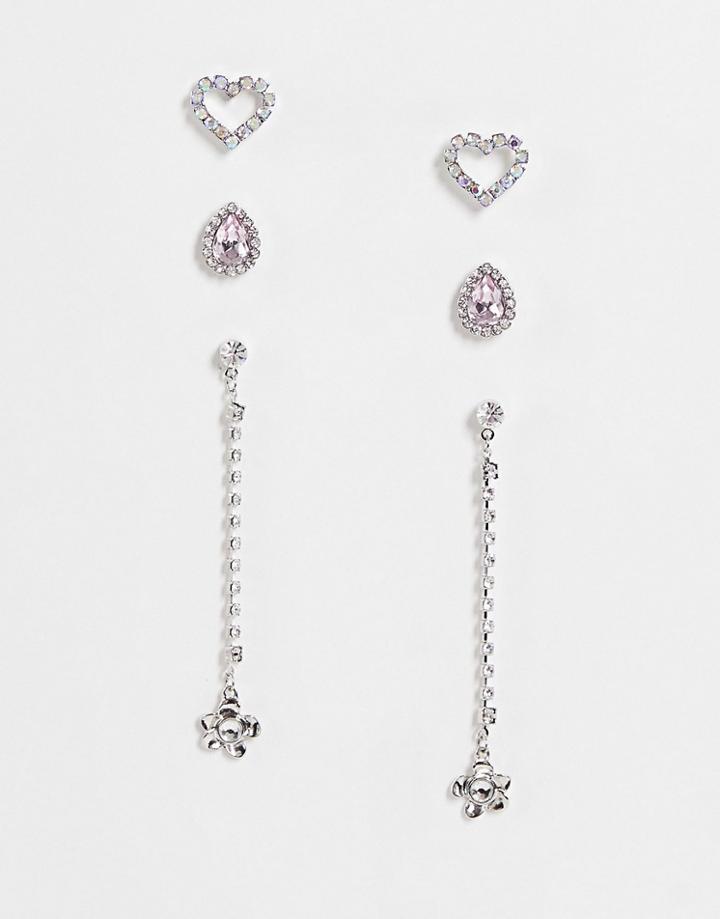 Asos Design Pack Of 3 Earrings With Floral, Heart And Crystal Design-silver