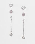 Asos Design Pack Of 3 Earrings With Floral, Heart And Crystal Design-silver