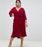 Asos Curve Wrap Front Midi Dress With Frill Detail - Red