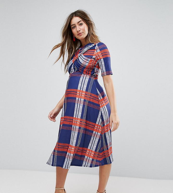 Asos Maternity Twist Front Skater Dress In Check - Multi