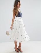 Asos Tulle Midi Skirt With Embroidery - White