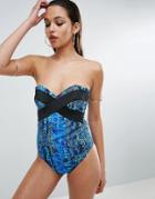 Asos Blue Snake Print Elastic Trim Swimsuit - Multi