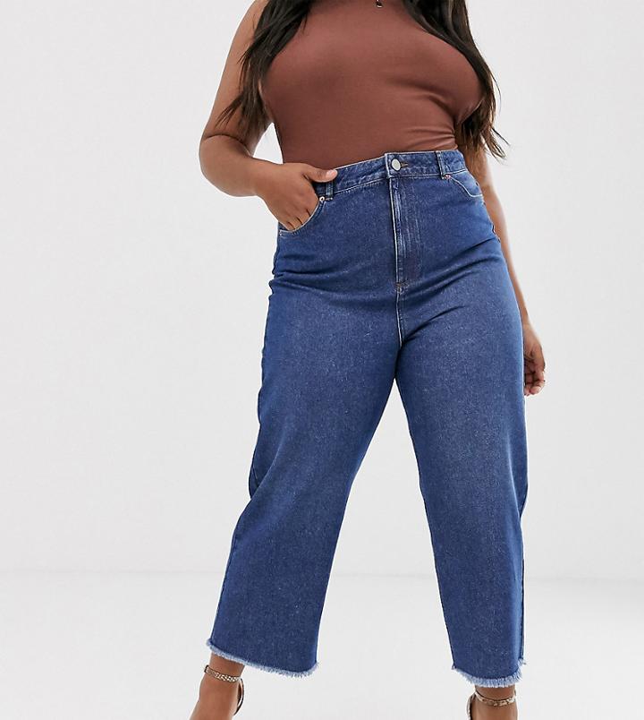 Asos Design Curve Wide Leg In Mid Vintage Wash With Raw Hem Detail - Blue