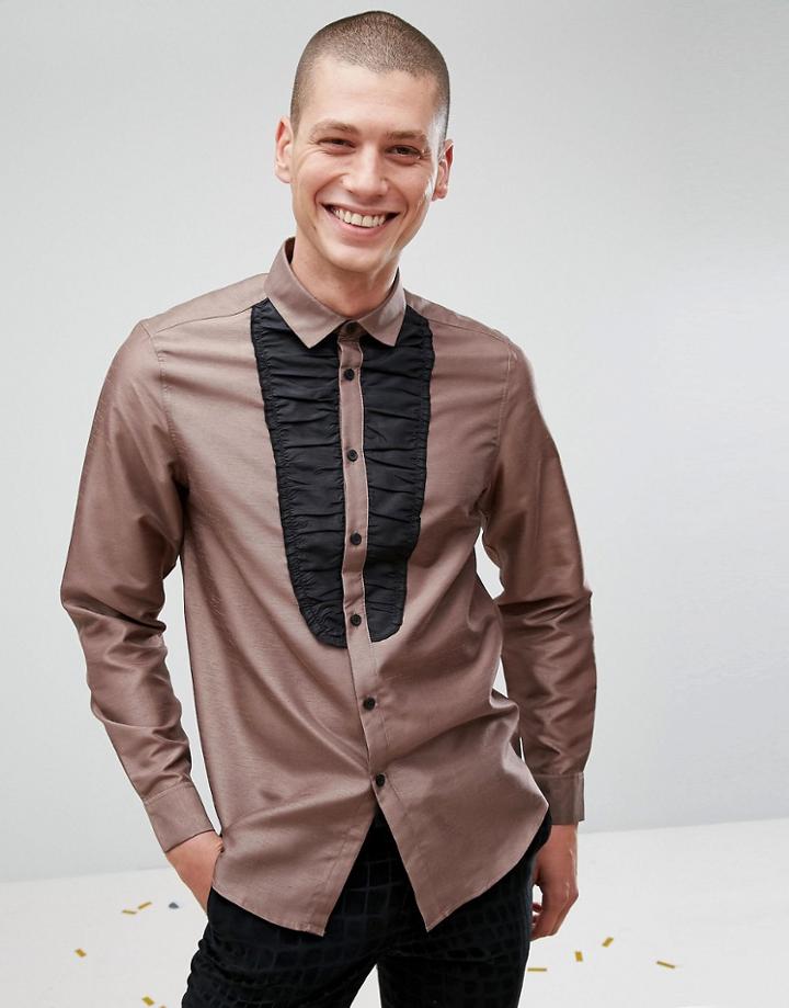 Asos Regular Fit Shirt With Black Bib - Brown