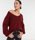 Asos Design Tall Sweater With V Neck And Sleeve Stitch Detail In Red