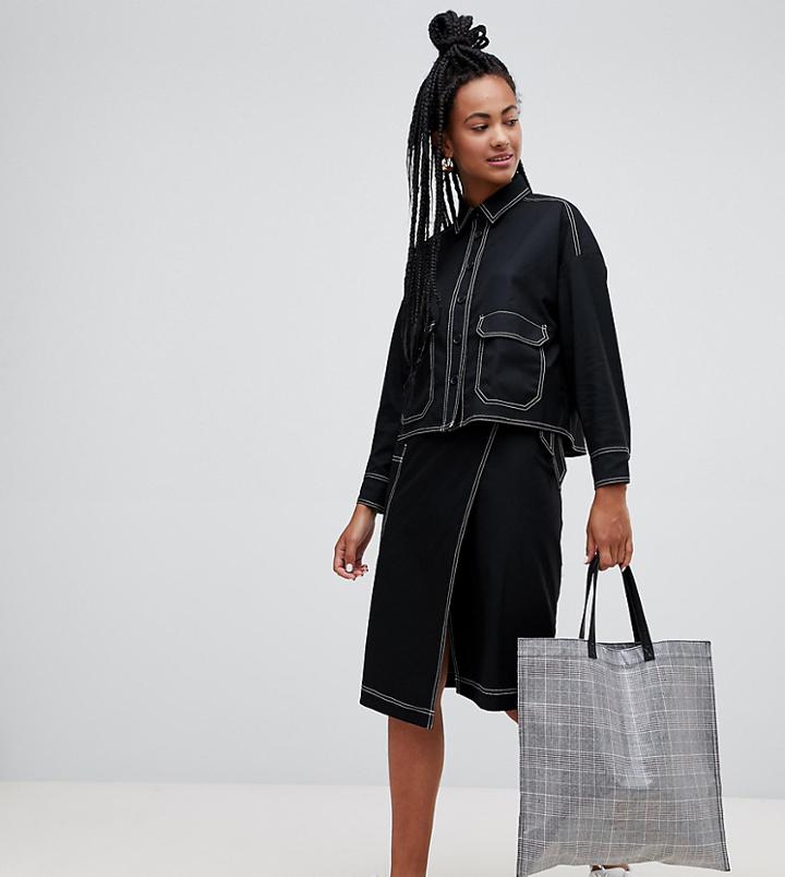 Monki Cross Front Midi Skirt In Black With Contrast Stitching