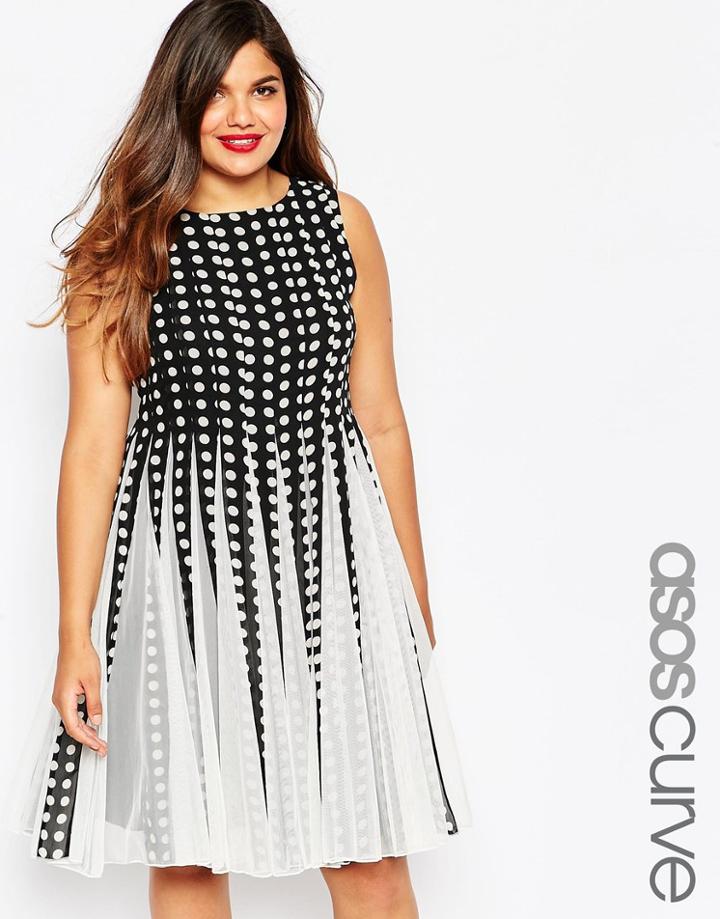 Asos Curve Spot Mesh Insert Fit And Flare Midi Dress - Multi