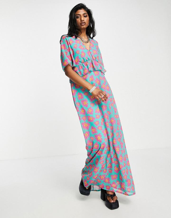 Twisted Wunder Maxi Dress In Bright Floral With Frill Detail-blue