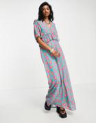 Twisted Wunder Maxi Dress In Bright Floral With Frill Detail-blue