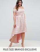 Chi Chi London Plus Lace Bardot Dress With Hi Lo Hem - Pink