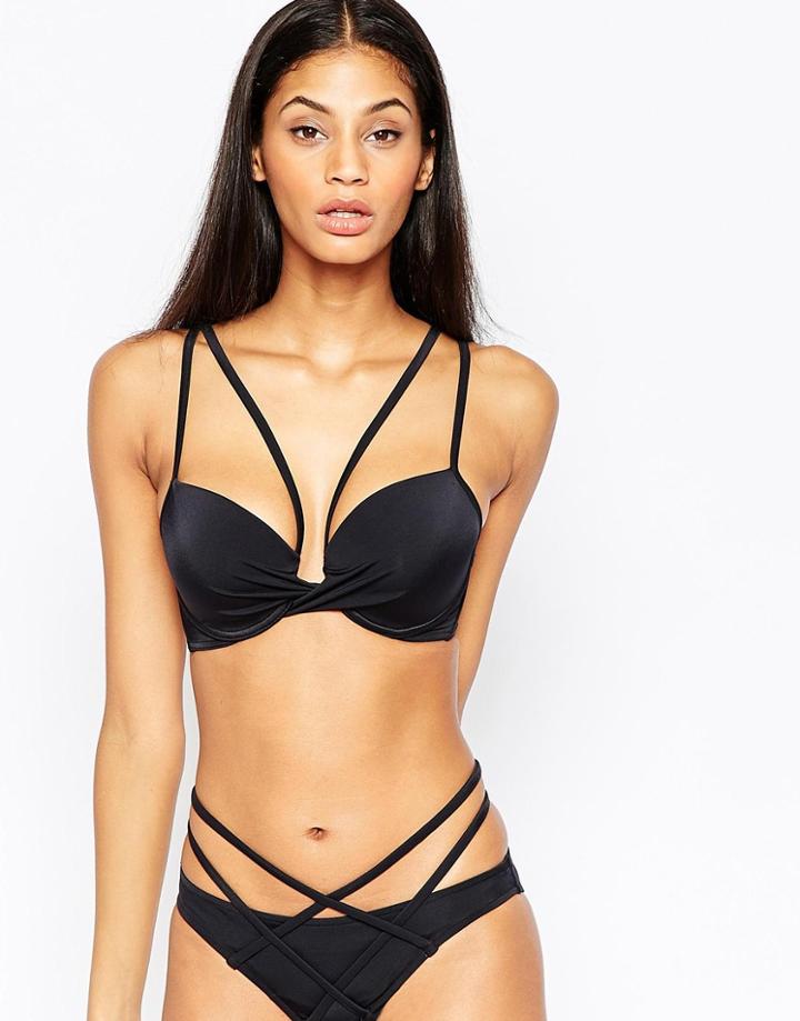 Asos Fuller Bust Exclusive Twist Plunge Stappy Bikini Top Dd-g - Black