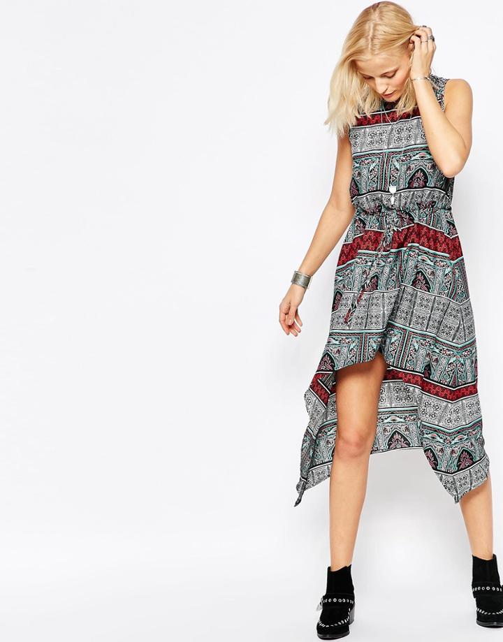Influence Printed Drawstring Dress With Lattice Back - Multi