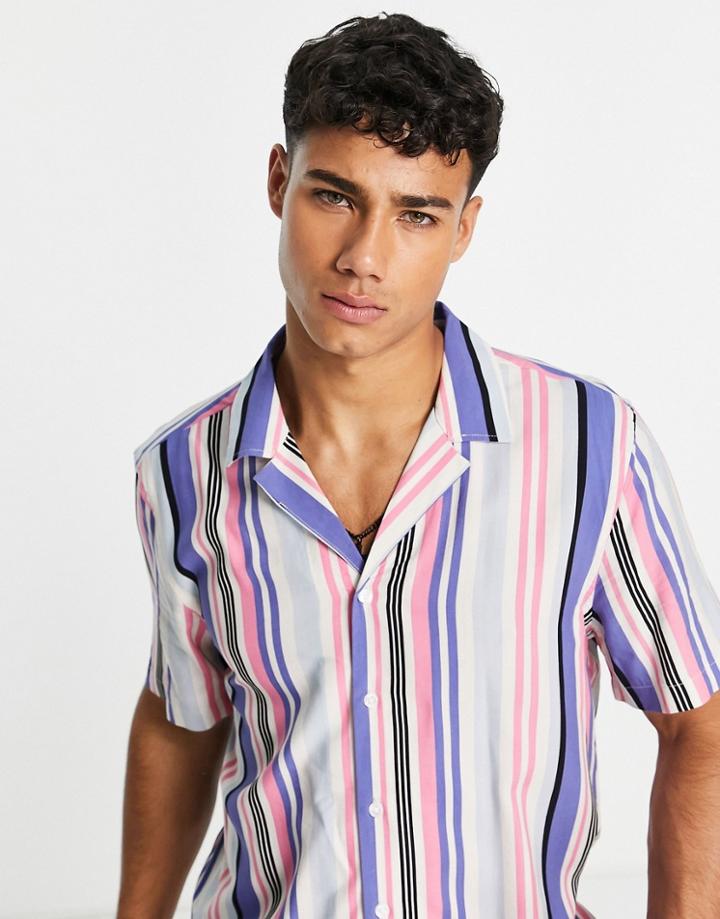 New Look Short Sleeve Camp Collar Shirt With Stripes In Pink-multi