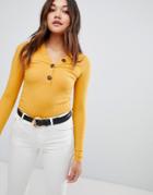 New Look Button Rib Top - Yellow