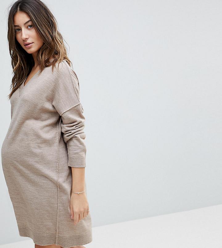 Asos Maternity Knitted Mini Dress With V Neck - Beige