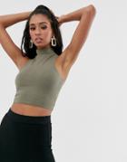 Asos Design Sleeveless Crop Top With High Neck In Khaki-brown