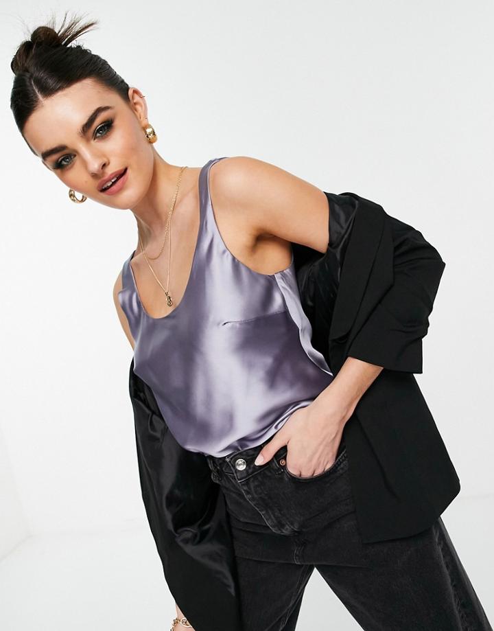 Asos Design Scoop Neck Cami In Satin In Light Blue-blues