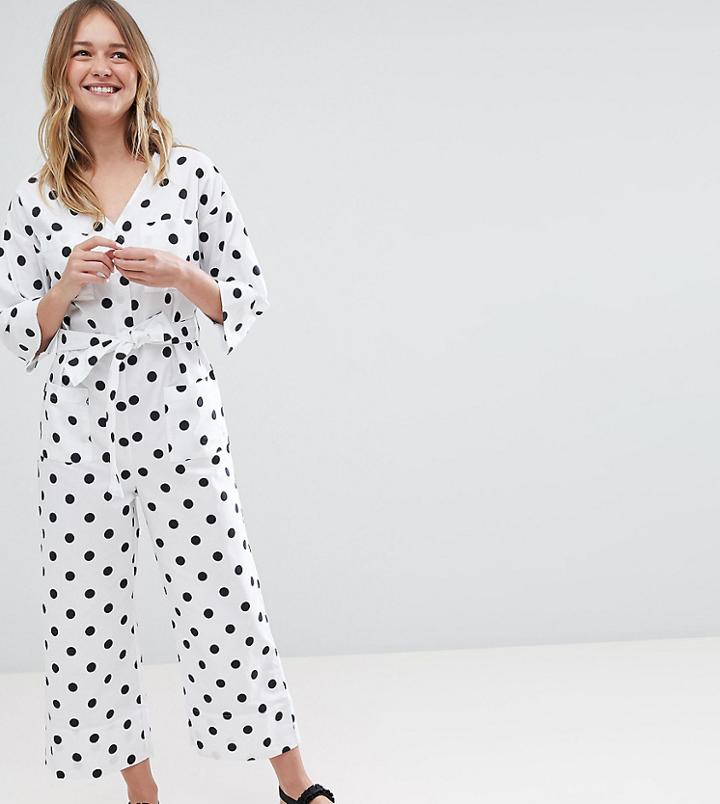 Monki Polka Dot Tie Waist Jumpsuit-multi