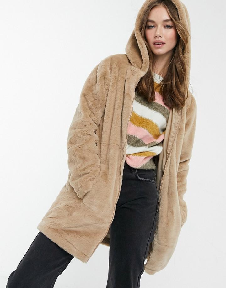 Brave Soul Bernie Faux Fur Hooded Coat-neutral