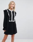 Liquorish Shift Dress With Ruffles And Contrasting Lace Details - Black