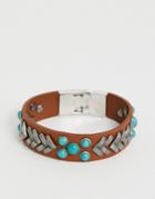 Asos Design Leather Bracelet With Studs And Stones In Brown - Brown