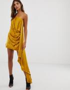 Asos Edition Satin Bandeau Mini Dress With Drape Side-gold