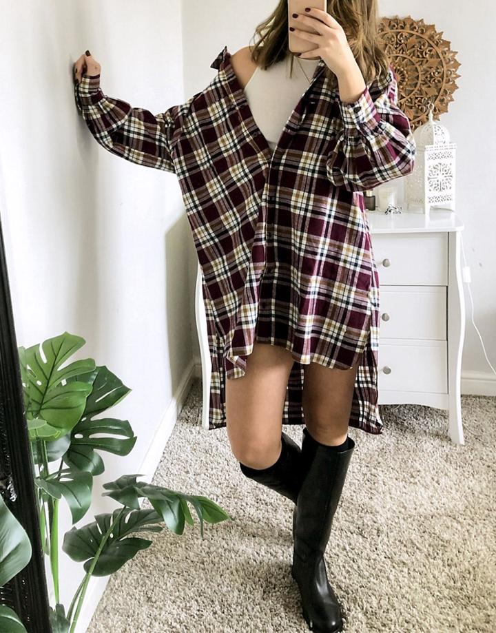Asos Design Oversized Boyfriend Mini Shirt Dress In Purple Check-multi