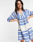 Accessorize Mini Smock Beach Dress In White And Blue Pattern-multi