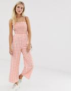 Glamorous Cami Jumpsuit With Shirring In Gingham-pink