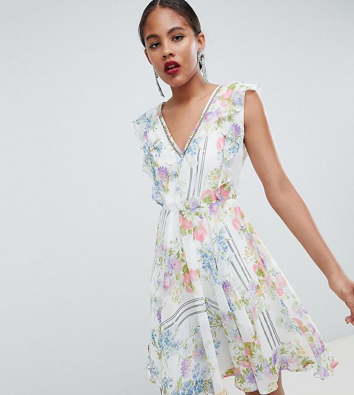 Asos Design Tall Ruffle Mini Dress With Open Back In Floral Print - Multi