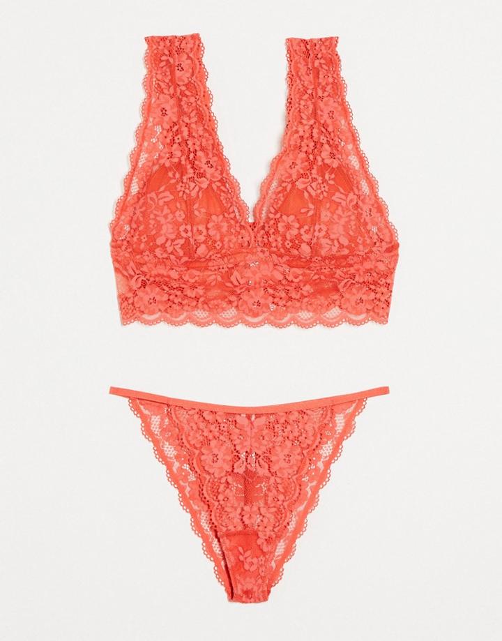 Lindex Iris Lace High Apex Longline Bralette In Coral-orange