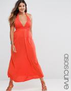 Asos Curve Jersey Ruched Halter Maxi Beach Dress - Red