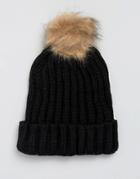 7x Cable Hat With Faux Fur Bobble In Black - Black