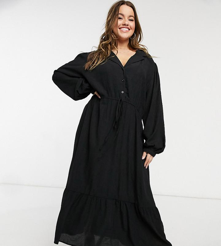 Lola May Curve Maxi Dress With Puff Sleeves And Tie Waist-black