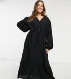 Lola May Curve Maxi Dress With Puff Sleeves And Tie Waist-black