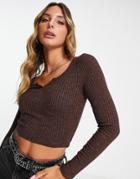 Asos Design Long Sleeve Top With Notch Neck In Rib In Brown Heather
