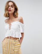 Neon Rose Tie Shoulder Crop Top In Broderie - White