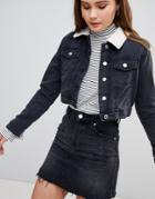 Parisian Crop Denim Jacket With Fleece Collar - Gray