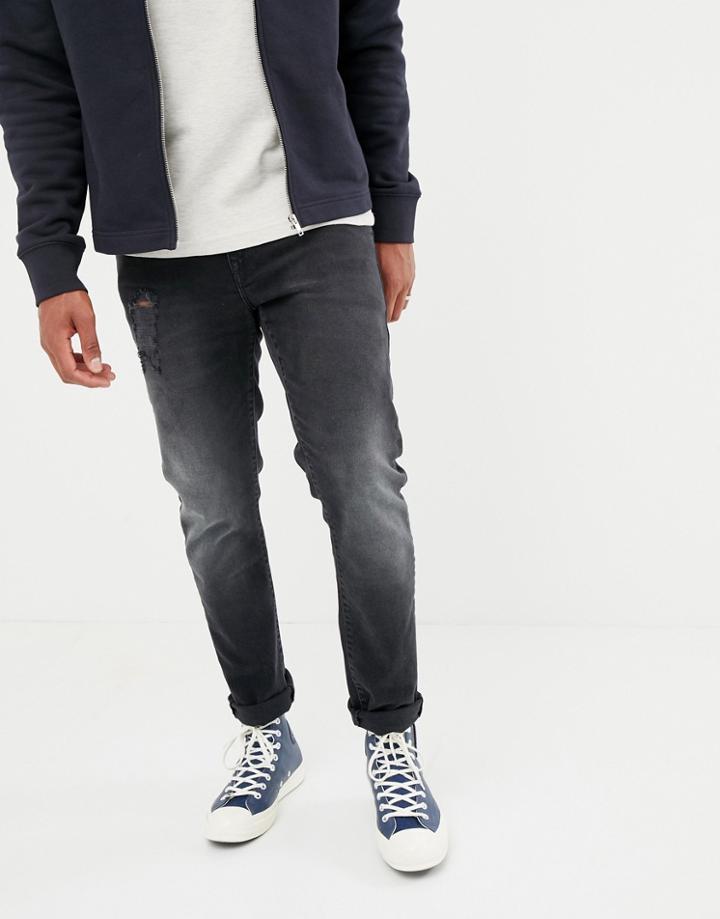 Asos Design 12.5oz Slim Jeans In Washed Black With Abrasions - Black