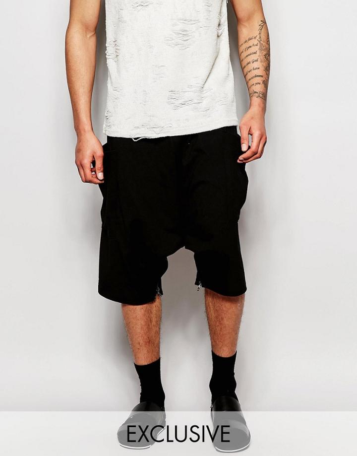 Unplugged Museum Drop Crotch Shorts With Zips - Black