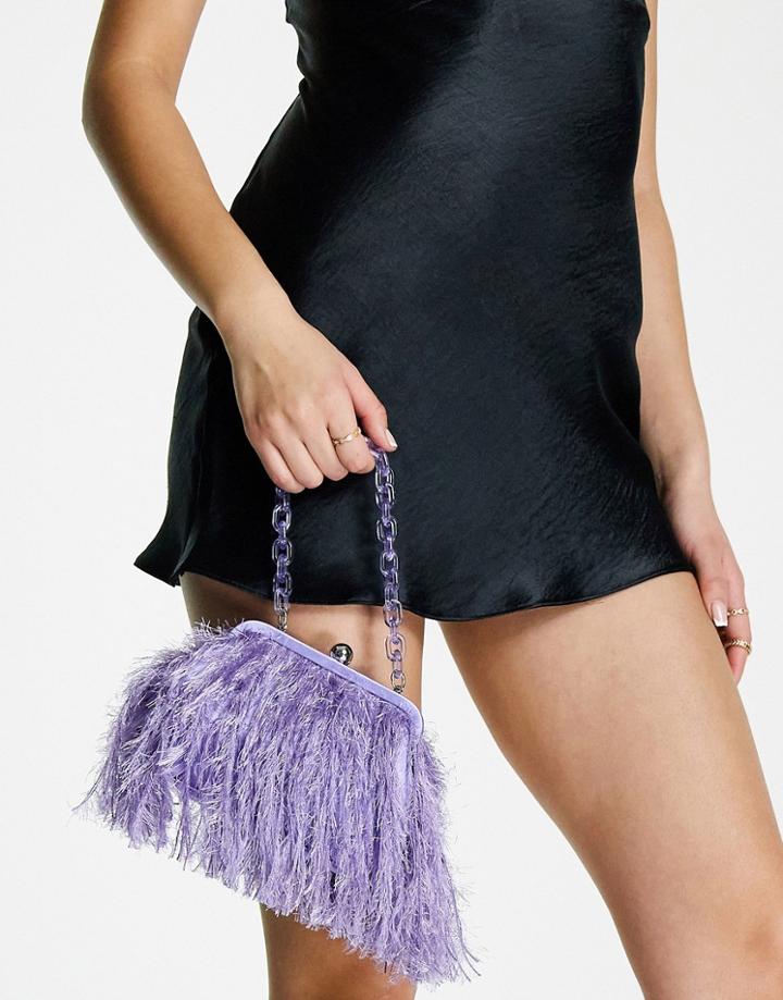Asos Design Faux Feather Clutch With Resin Handle In Purple