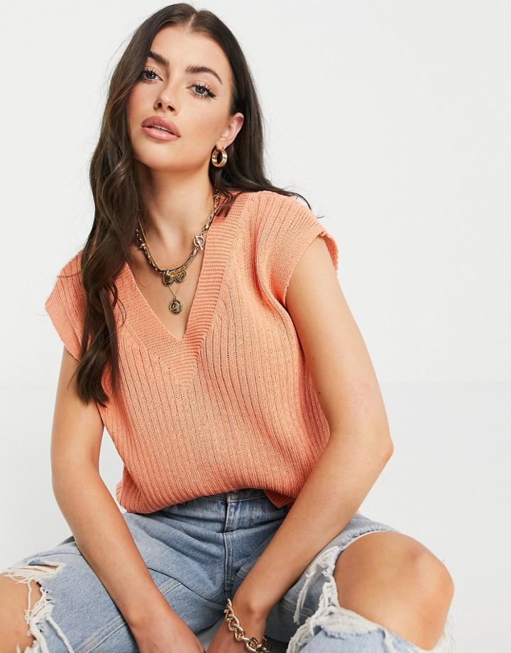 Asos Design Knitted Tank With V Neck In Orange