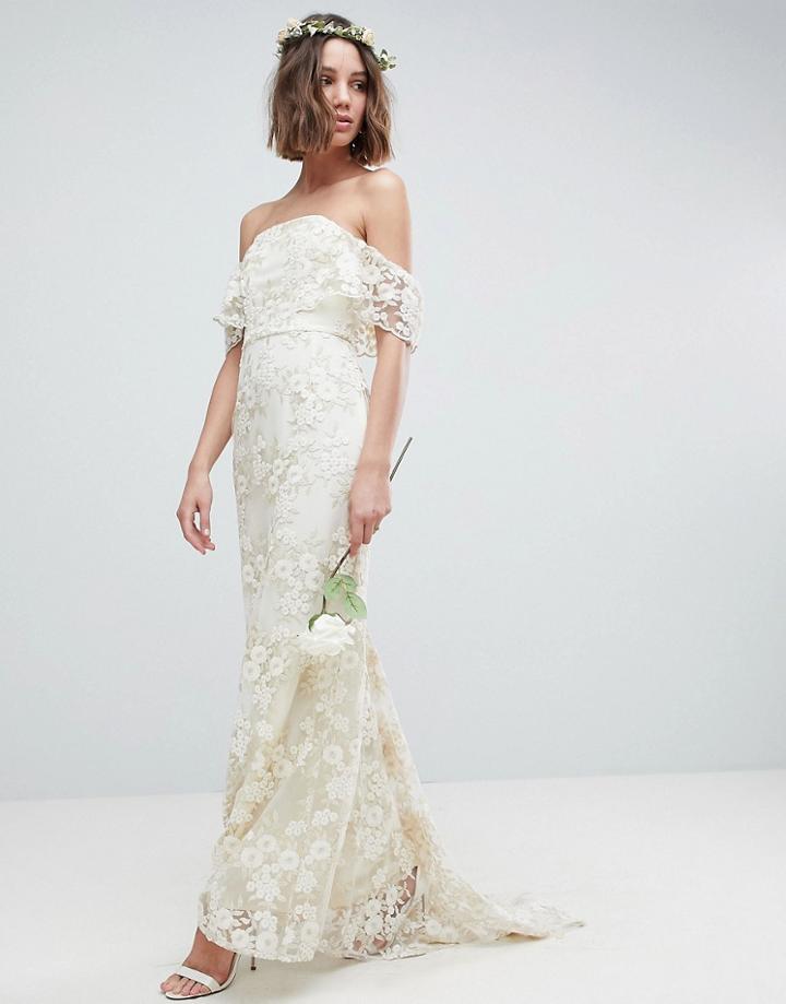 Asos Edition Bandeau Wedding Maxi Dress In Floral Lace - White