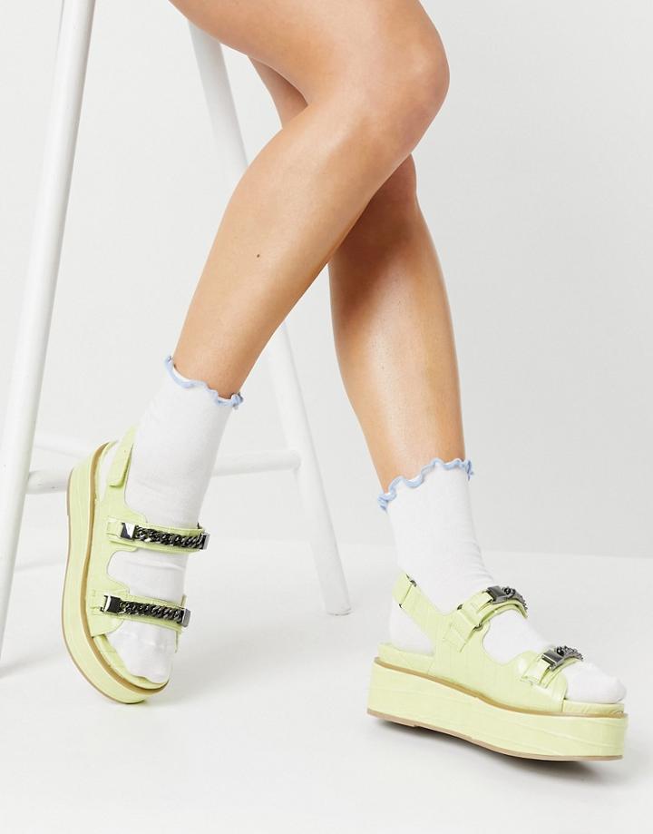Asos Design Tiger Chunky Chain Detail Flatforms In Lime-green